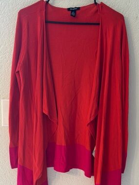 Graffiti Red Open-Front Cardigan with Pink Hem chic, boho size petite small